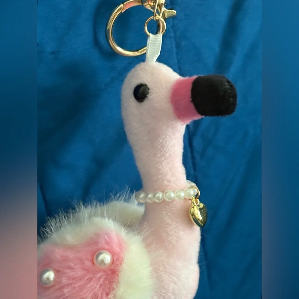 Natasha Couture Fluffy Pink Flamingo Faux Pearl Necklace Handbag Charm Key Chain